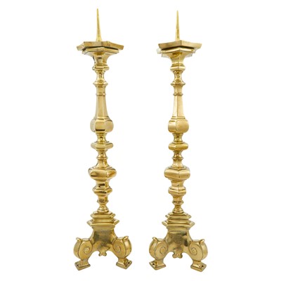 Lot 792 - Pair of Continental Brass Pricket Altar Sticks
