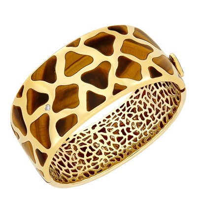 Lot 137 - Roberto Coin Gold, Tiger's Eye and Diamond Cuff Bangle Bracelet