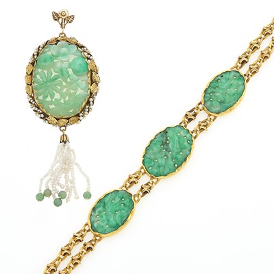Lot 1135 - Gold and Carved Jade Bracelet and Carved Jade and Seed Pearl Pendant