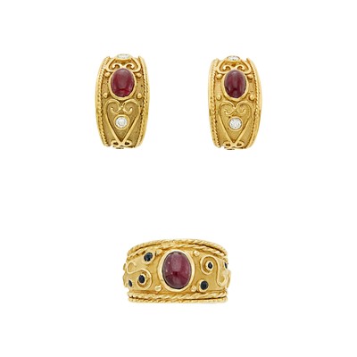 Lot 1096 - Pair of Gold, Cabochon Ruby, Sapphire and Diamond Earrings and Ring