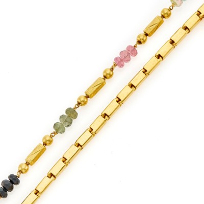 Lot 1111 - Two High Karat Gold, Gold and Multicolored Tourmaline Bead Bracelets