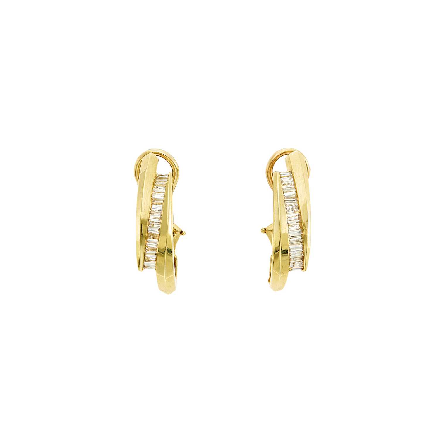 Lot 1036 - Pair of Gold and Diamond Half-Hoop Earrings