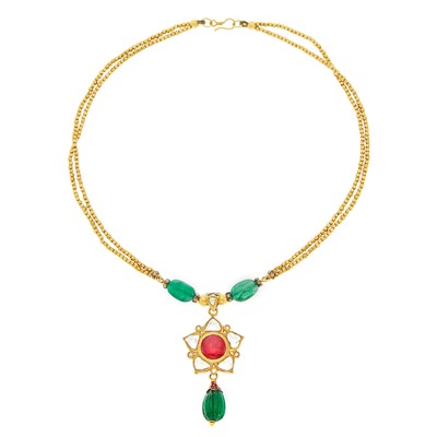 Lot 1115 - High Karat Double Strand Gold, Gold, Emerald Bead, Foil-Backed Ruby and White Sapphire and Jaipur Enamel Pendant-Necklace