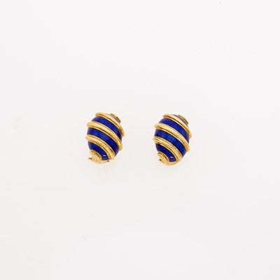 Lot 1018 - Tiffany & Co., Schlumberger Pair of Gold and Blue Enamel Bombé Earclips