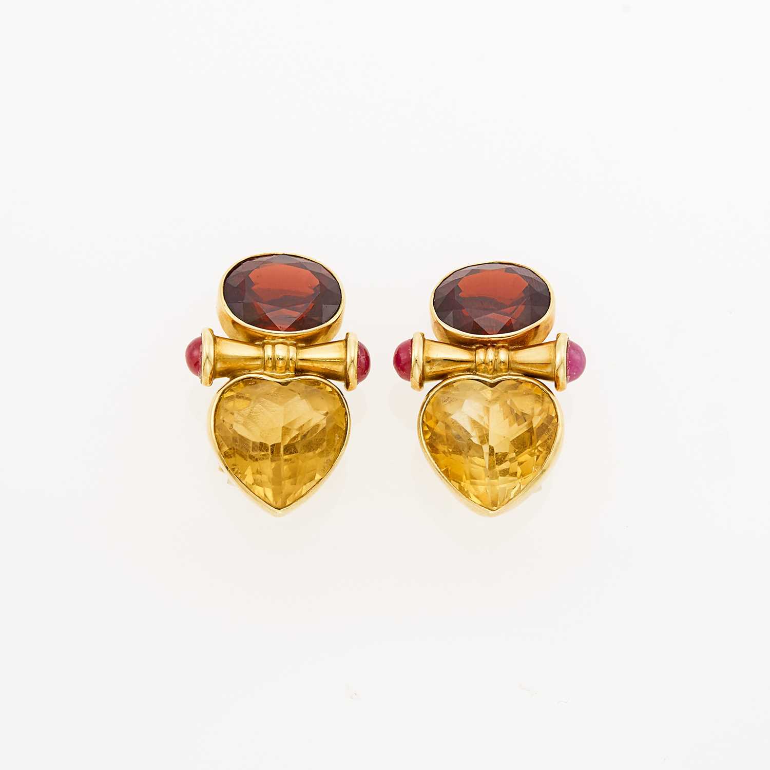 Lot 1130 - Pair of Gold, Citrine, Garnet and Cabochon Ruby Earclips