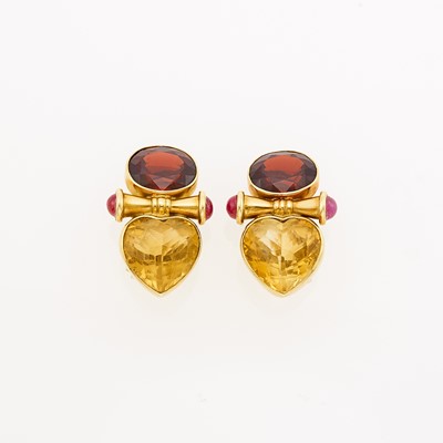 Lot 1130 - Pair of Gold, Citrine, Garnet and Cabochon Ruby Earclips