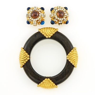 Lot 1265 - Chanel Rhinestone and Glass Earclips and Dominique Aurientis Wood Bangle Bracelet