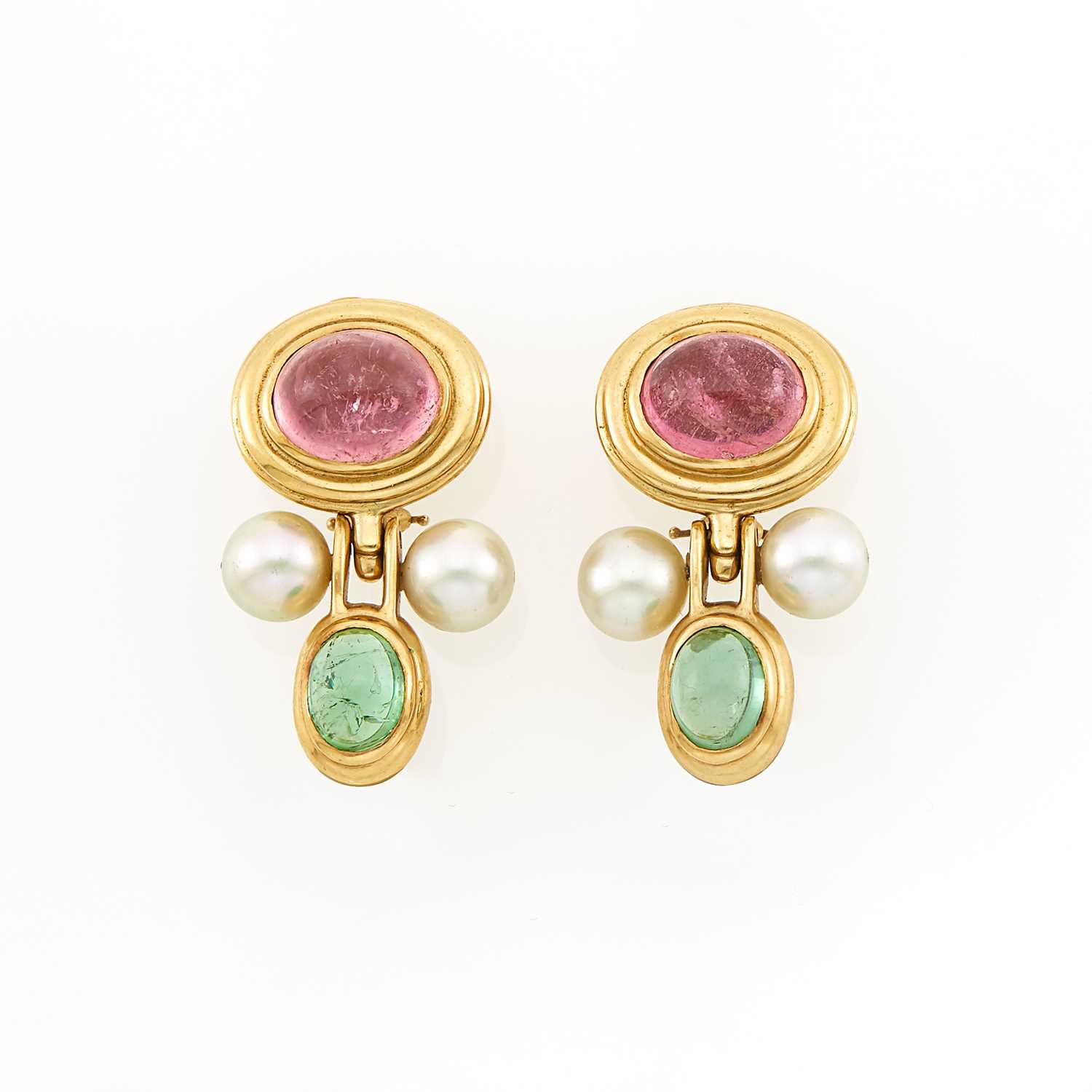 Lot 1057 - Pair of Gold, Cabochon Pink and Green Tourmaline and Cultured Pearl Earclips