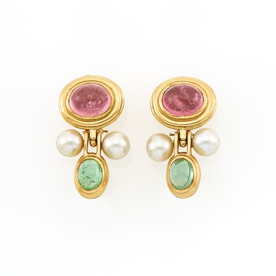Lot 1057 - Pair of Gold, Cabochon Pink and Green Tourmaline and Cultured Pearl Earclips