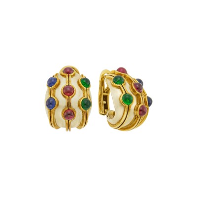 Lot 156 - Bulgari Pair of Two-Color Gold and Cabochon Colored Stone Earclips