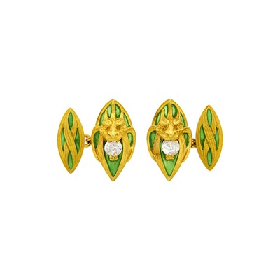 Lot 42 - Pair of Art Nouveau Gold, Plique-à-Jour Green Enamel and Diamond Gargoyle Cufflinks