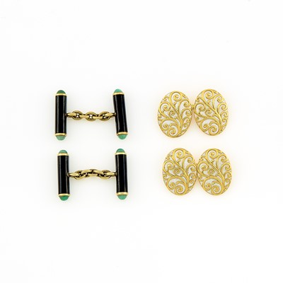 Lot 1006 - Pair of Gold and White Enamel Cufflinks and Pair of Black Enamel and Jade Cufflinks