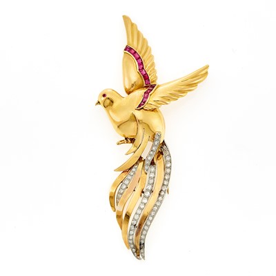 Lot 1084 - Gold, Platinum, Diamond and Synthetic Ruby Bird Clip