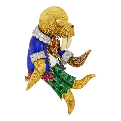 Lot 100 - Two-Color Gold, Multicolored Enamel, Diamond and Ruby Walrus Brooch