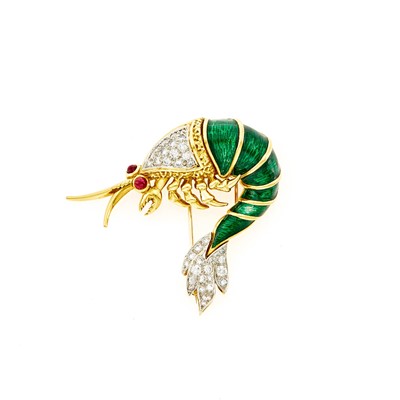 Lot 1009 - Two-Color Gold, Enamel and Diamond Prawn Clip-Brooch