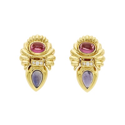 Lot 1050 - Pair of Gold, Cabochon Pink Tourmaline and Iolite and Diamond Earclips
