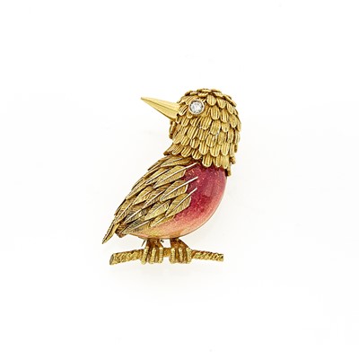 Lot 1066 - Gold, Enamel and Diamond Bird Pin