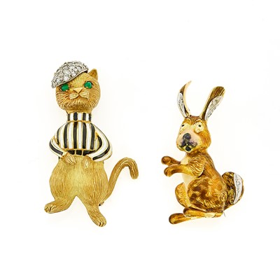 Lot 1219 - Gold, Enamel and Diamond Rabbit Brooch and Cat Brooch