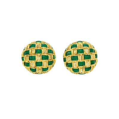 Lot 1235 - Tiffany & Co. Pair of Gold and Green Enamel Earclips