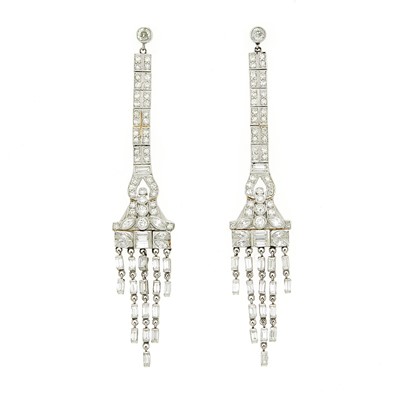 Lot 1162 - Pair of Platinum and Diamond Pendant-Earrings
