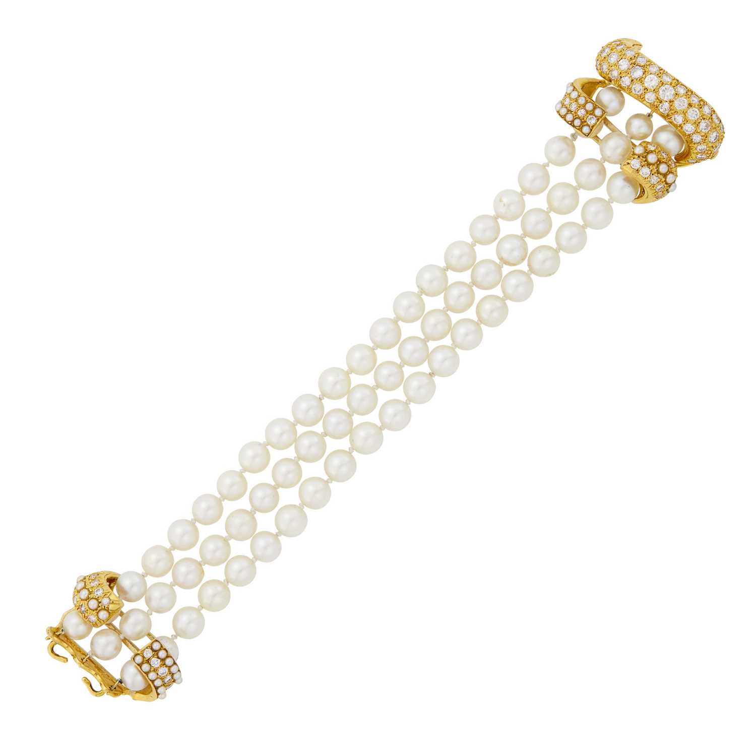 Lot 163 - Triple Strand Cultured and Split Pearl, Gold and Diamond Bracelet