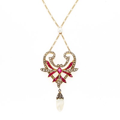 Lot 1154 - Antique Silver, Gold, Diamond, Ruby and Pearl Pendant-Necklace