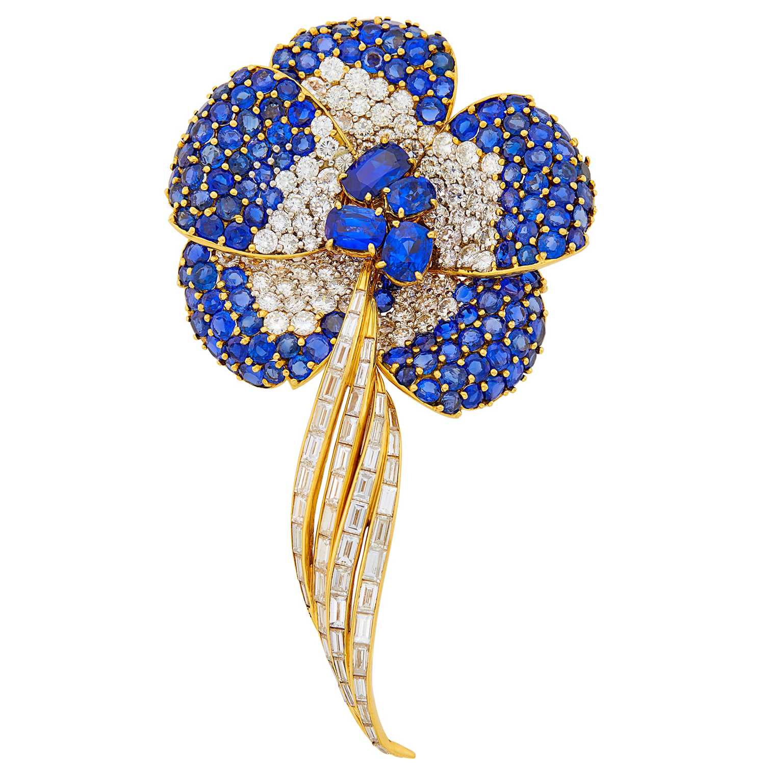 Lot 104 - Gold, Sapphire and Diamond Flower Pendant-Brooch
