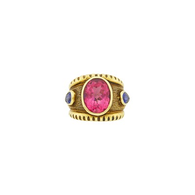 Lot 17 - Wide Gold, Pink Tourmaline and Sapphire Ring