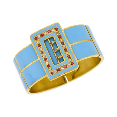Lot 44 - Antique Gold, Turquoise Enamel, Diamond and Ruby Cuff Buckle Bracelet, France