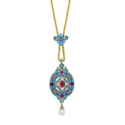 Lot 43 - Antique Gold, Turquoise Enamel, Diamond, Ruby and Pearl Pendant Snake Chain Slide Necklace