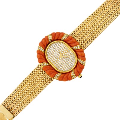 Lot 167 - Delaneau Gold, Carved Coral and Diamond Mesh Wristwatch