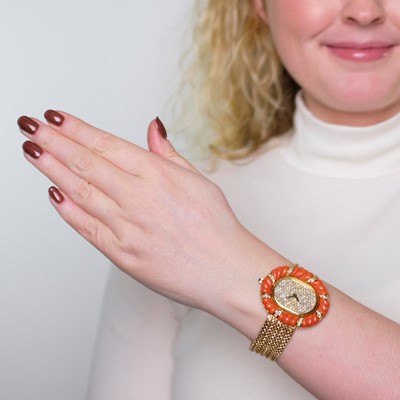 Lot 167 - Delaneau Gold, Carved Coral and Diamond Mesh Wristwatch