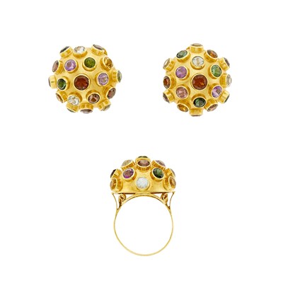 Lot 1093 - Pair of Gold and Colored Stone Earclips and Ring