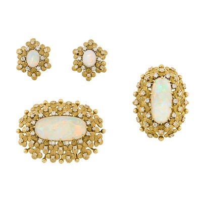 Lot 1254 - Gold, White Opal and Diamond Brooch, Ring and Pair of Earrings