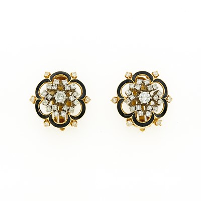 Lot 1141 - Pair of Two-Color Gold, Diamond and Enamel Earclips