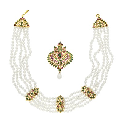Lot 1122 - Five Strand Gold, Ruby, Emerald and Cultured and Freshwater Pearl Pendant-Necklace