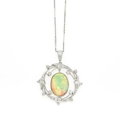 Lot 1193 - White Gold, White Opal and Diamond Pendant with Chain Necklace