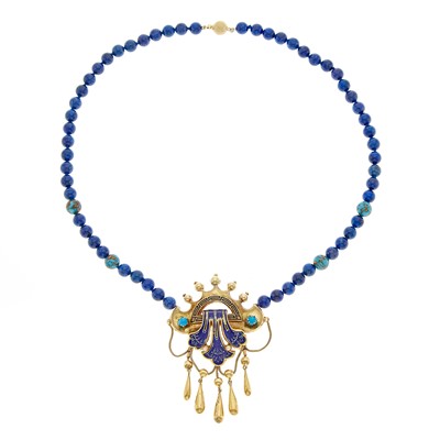Lot 1149 - Gold, Enamel, Imitation Turquoise, Lapis and Glass Bead Pendant-Necklace
