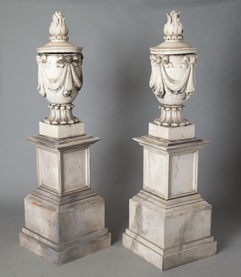Lot 137 - Pair of Glazed Terracotta Urns and Pedestals