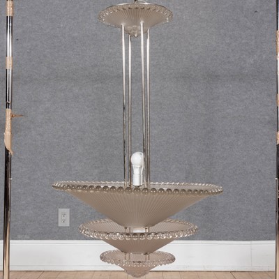 Lot 153 - R. Lalique Molded Glass and Chromed Metal "Perles Trois Etages" (Pearls Three-Tier) Chandelier
