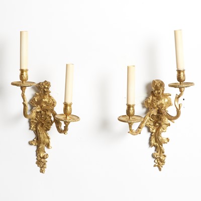 Lot 240 - Pair of French Gilt-Bronze Figural Two-Light Wall Lights