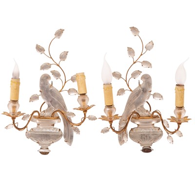 Lot 710 - Pair of Maison Baguès  Pressed Glass and Gilt-Metal Two-Light Wall Lights