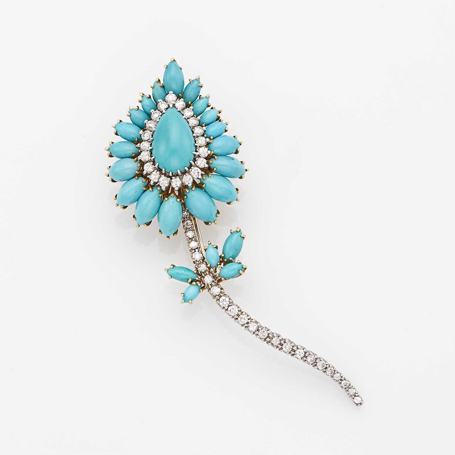 Lot 1024 - Two-Color Gold, Turquoise and Diamond Flower Brooch