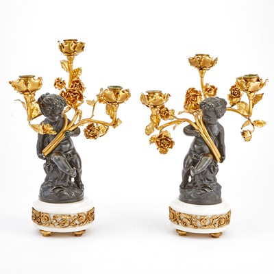 Lot 347 - Pair of Louis XV Style Gilt and Patinated Bronze and Marble Figural Three-Light Candelabra