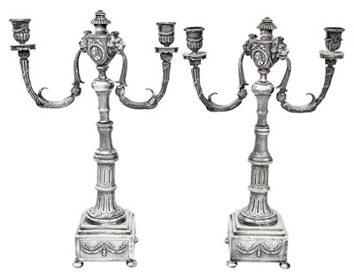Lot 84 - Pair of Continental Sterling Silver Two-Light Candelabra