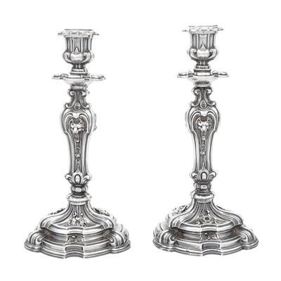 Lot 218 - Pair of French Louis XV Style Silver Candlesticks