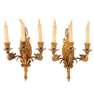 Lot 744 - Pair of Empire Style Gilt-Bronze Three-Light  Wall Lights