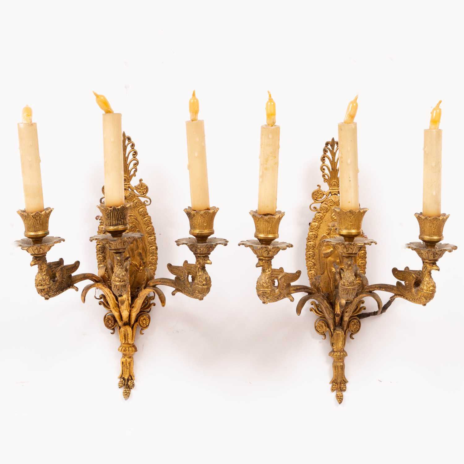 Lot 744 - Pair of Empire Style Gilt-Bronze Three-Light  Wall Lights