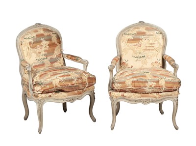 Lot 737 - Pair of Louis XV Gray-Painted Fauteuils