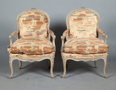 Lot 737 - Pair of Louis XV Gray-Painted Fauteuils